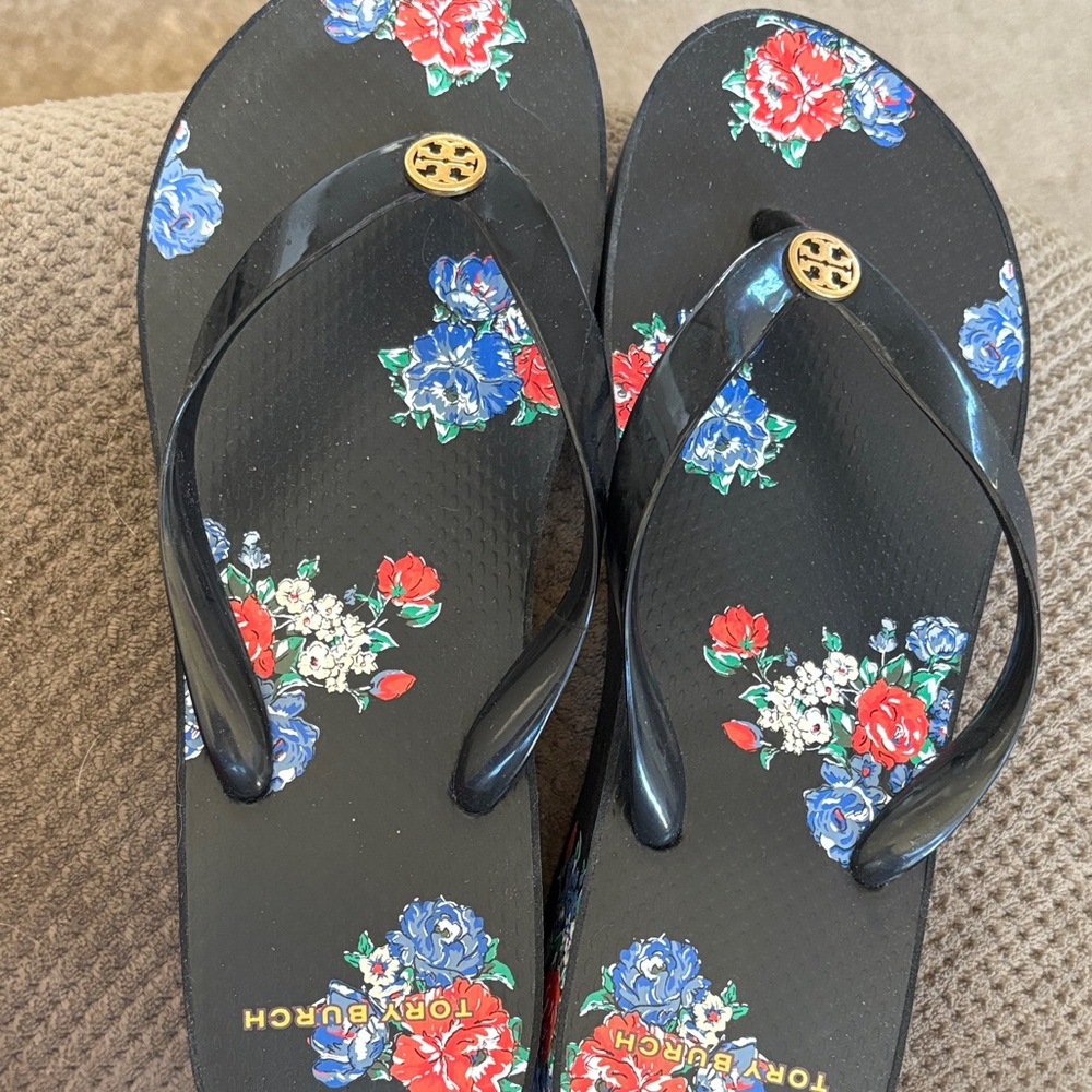 Tory Burch Black Floral Sandals